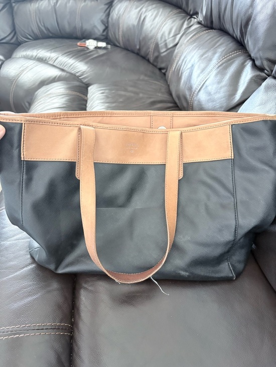 Fossil Handbags - Fossil Black Canvas Tote with Brown Leather Trim